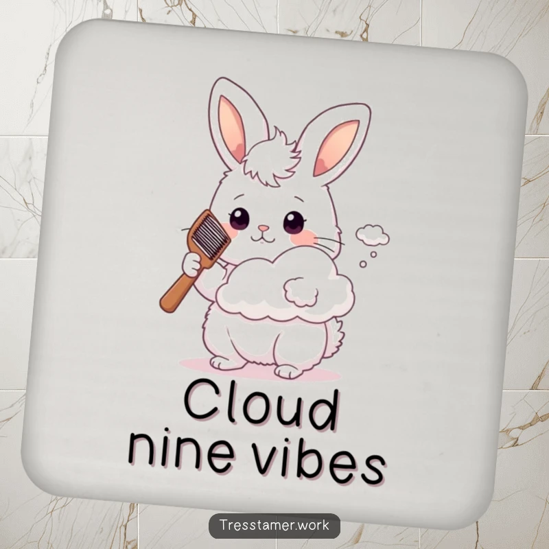 Funny fluffy bunny holding a comb, styling a cloud, used on a drink coaster, whimsical gift.