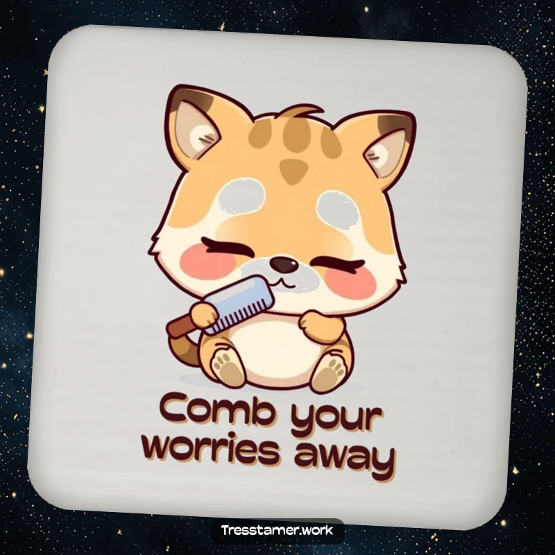 Funny drink coaster with an adorable animal character concentrating intently while combing, adding a touch of charm and humor. Excellent funny gift.
