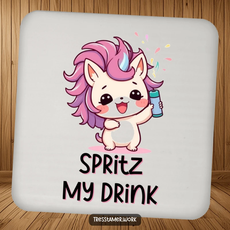 Funny coaster showing a cute animal character joyfully spraying colorful hairspray upwards, offering humorous protection for surfaces.