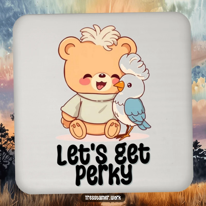 Funny giggling bear giving a bird a fluffy perm, used on a drink coaster, salon gift.