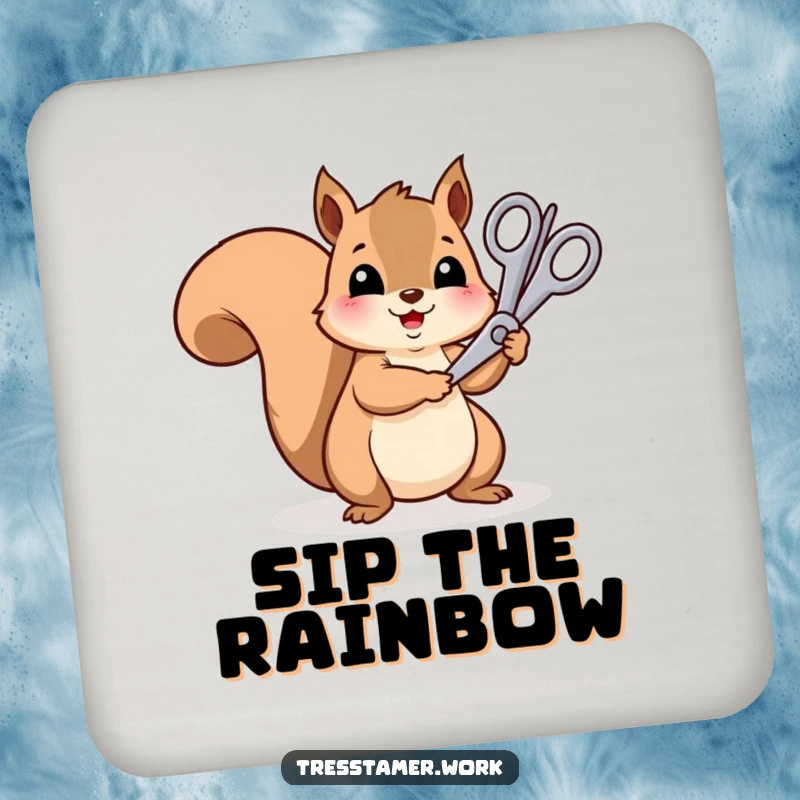 Funny cheerful squirrel using oversized scissors to trim a rainbow, used on a drink coaster, art gift.
