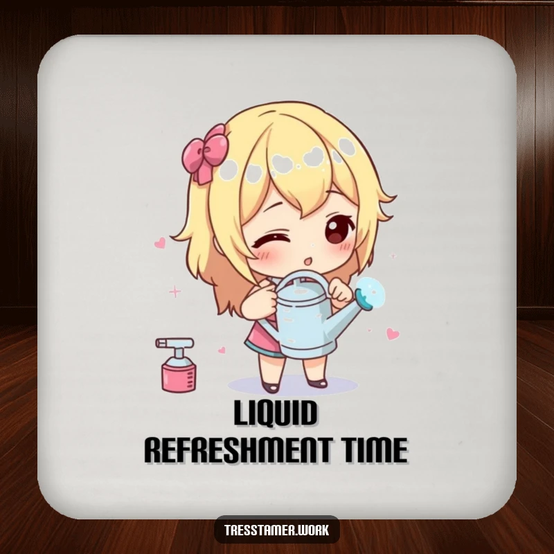 Funny coaster depicting a character meticulously spraying styling liquid from a miniature watering can, precision grooming accessory.