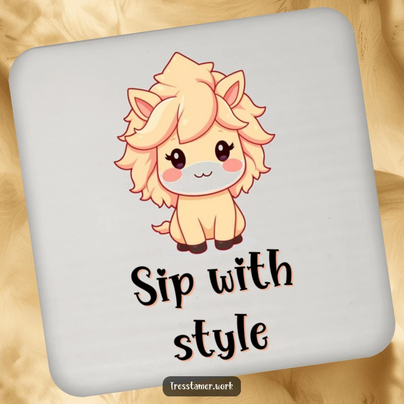 Funny coaster with a kawaii animal character, proudly displaying a perfectly styled, glorious mane, cute drink accessory.