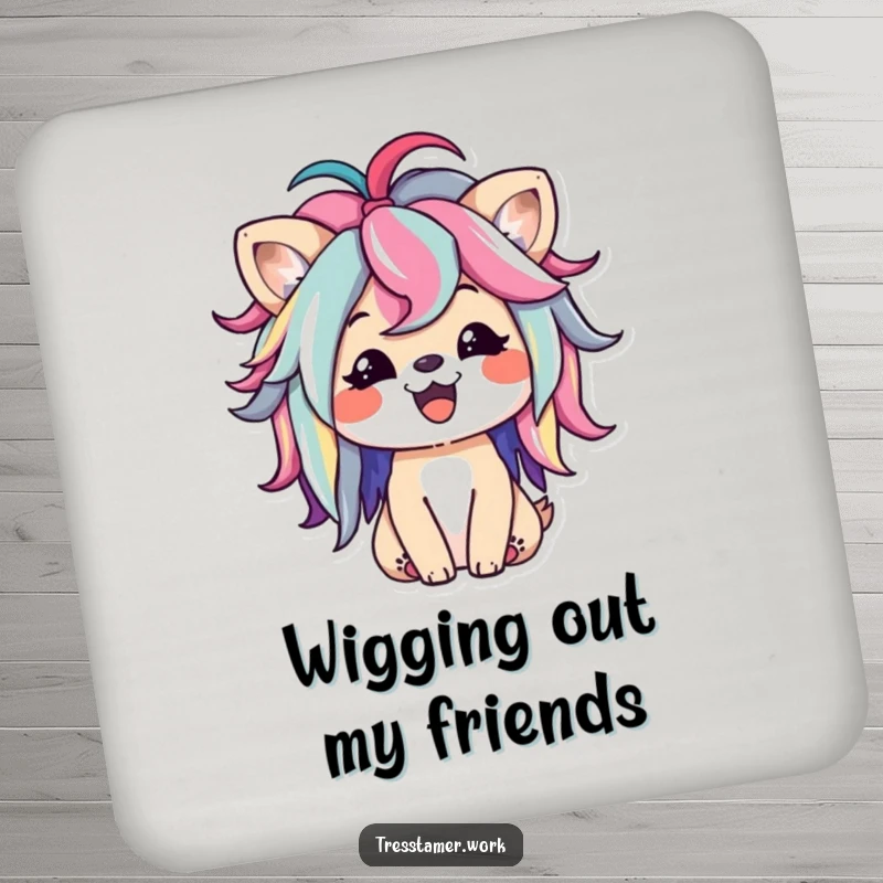 Funny drink coaster with a happy animal character styling a colorful wig, adding playful charm and vibrant style. Excellent funny gift.