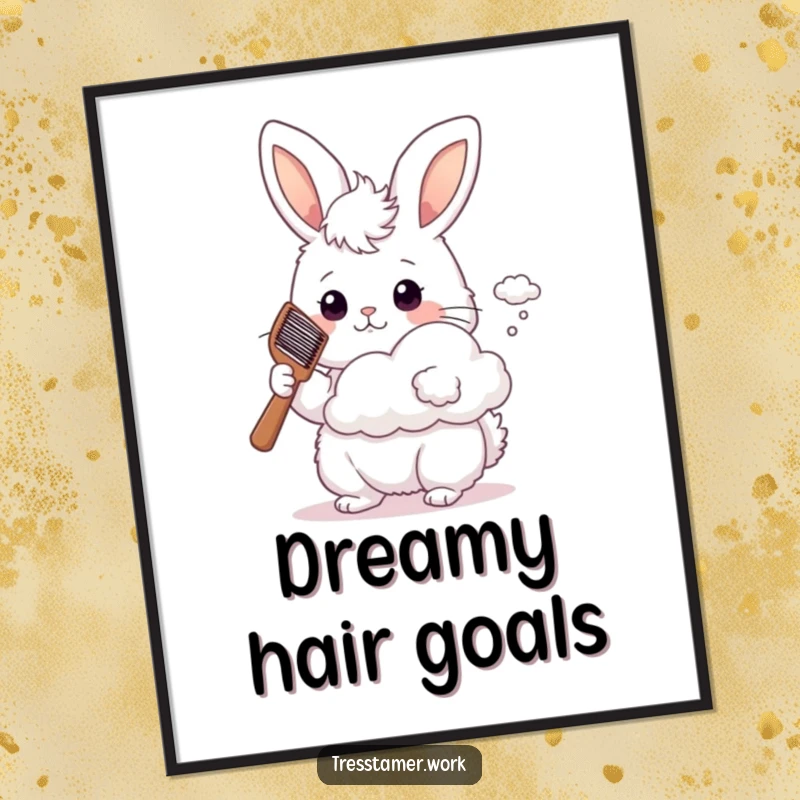 Funny fluffy bunny holding a comb, styling a tiny floating cloud, whimsical poster, wall art.