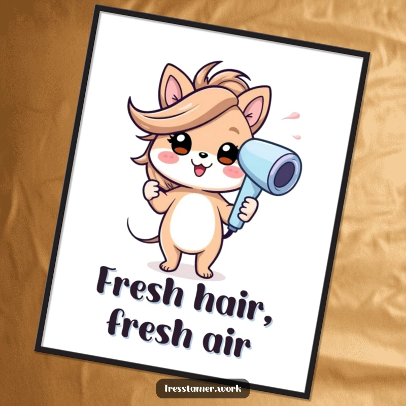 Funny poster art of a cheerful animal character using a hairdryer with a strong wind effect, showing energetic styling. Wonderful funny gift.