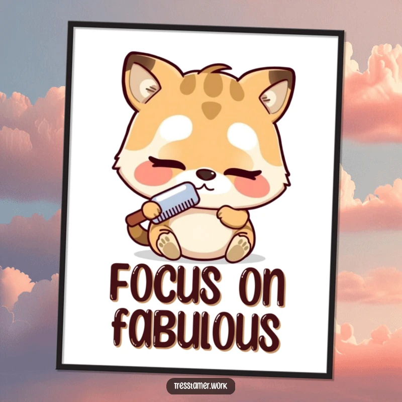 Funny poster art of an adorable animal character intently combing its fur, capturing a moment of deep focus and cuteness. Ideal funny gift.