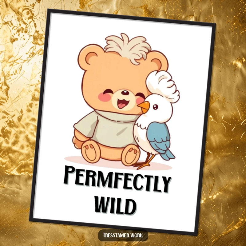 Funny giggling bear wearing a smock, attempting to perm a bird, art poster, humorous decor.