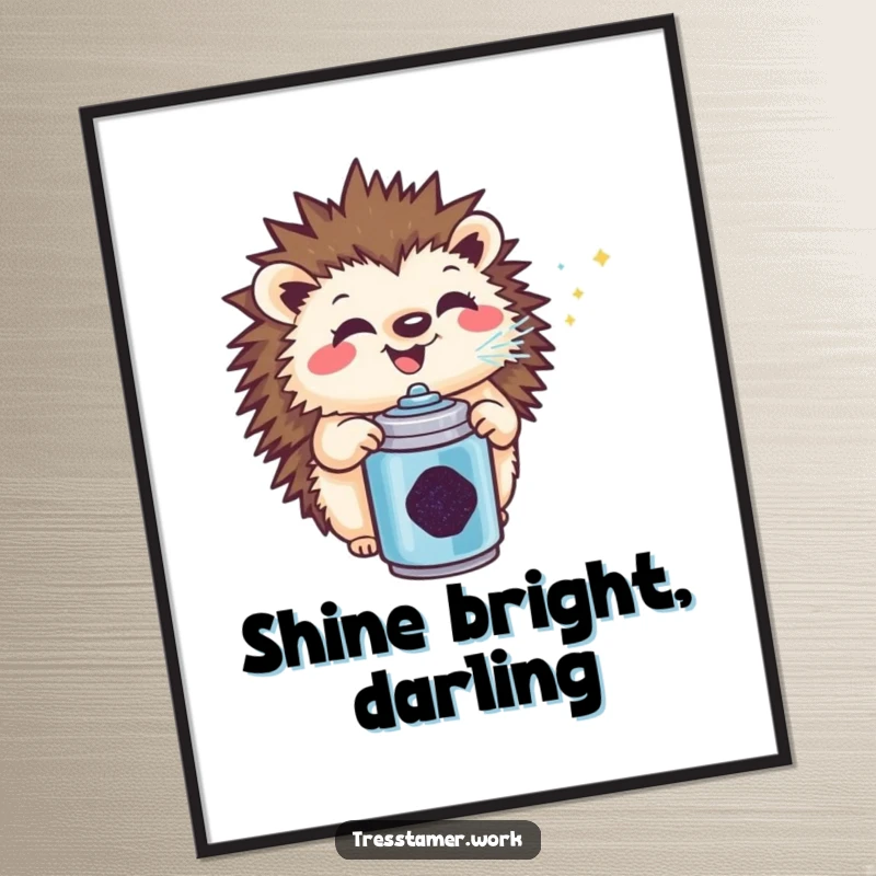 Funny hedgehog poster, captured mid-glitter spray with a wide grin, adding a humorous and sparkly touch to any wall.