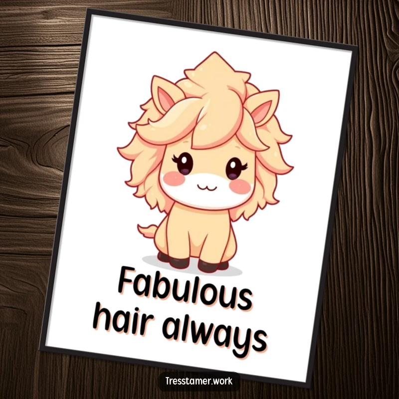 Funny poster featuring a kawaii animal character, looking glamorous and proud while displaying a perfectly styled, voluminous mane.