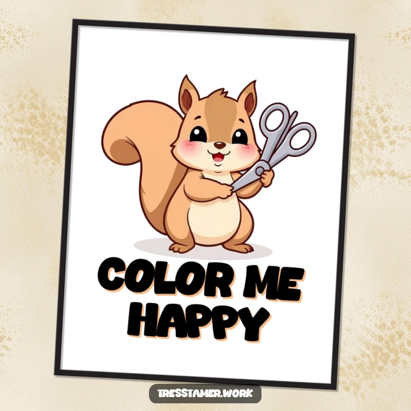 Funny cheerful squirrel with oversized scissors trimming a rainbow strand, vibrant poster, art decor.