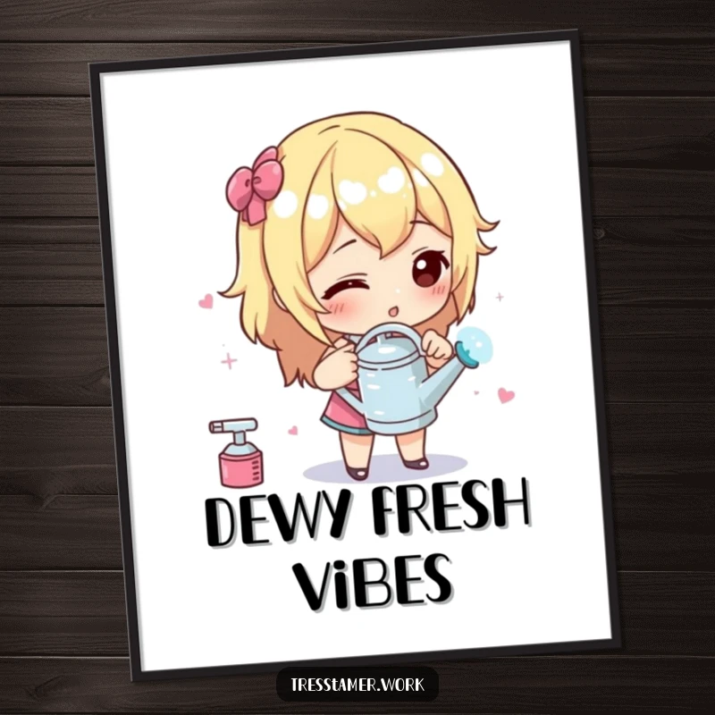 Funny poster featuring a character meticulously using a miniature watering can to spray styling liquid, emphasizing precision hair care.