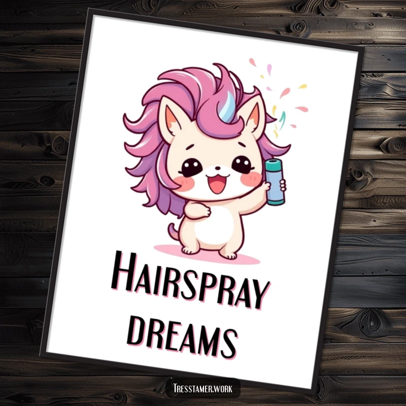 Funny poster featuring a cute animal character joyfully spritzing colorful hairspray upwards, perfect for humorous and vibrant wall decoration.