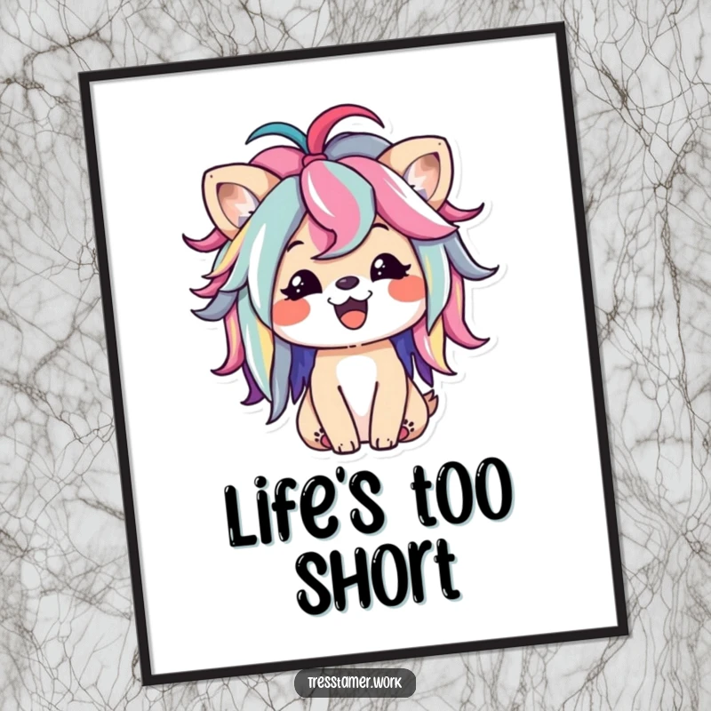 Funny poster art of a happy animal character playfully styling a colorful wig, conveying joy and vibrant fashion. Wonderful funny gift.