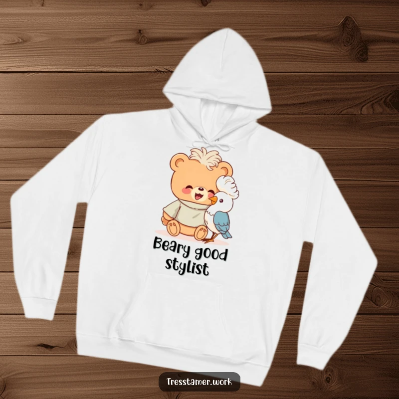 Funny giggling bear in a smock styling a bird's feathers into a perm, cozy hoodie, animal art.