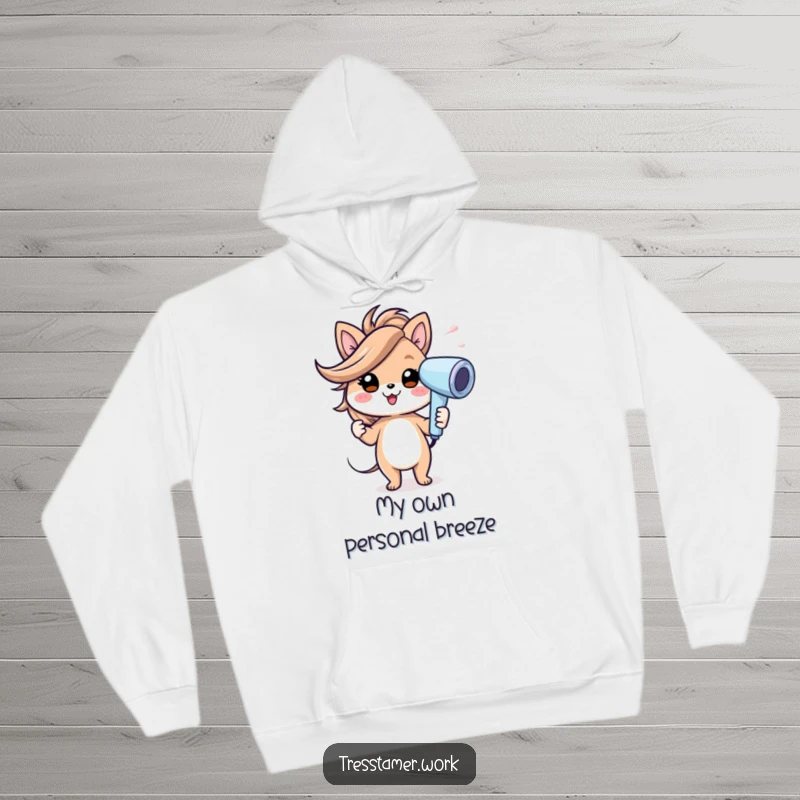 Funny hoodie with a cheerful animal character using a hairdryer, creating a gust of wind effect, perfect for cozy fun. Excellent funny gift.