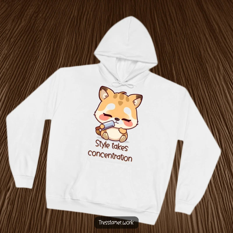 Funny hoodie with an adorable animal character concentrating deeply while combing, expressing focus and endearing charm. A must-have funny gift.