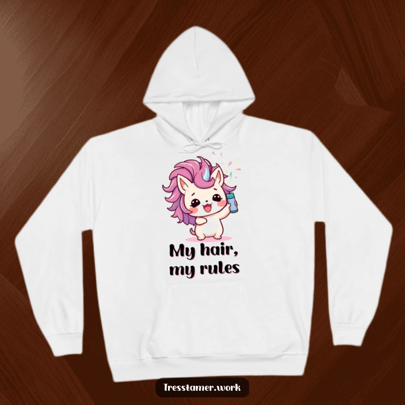 Funny hoodie with a cute animal character joyfully spritzing colorful hairspray upwards, designed for cozy style and humorous flair.