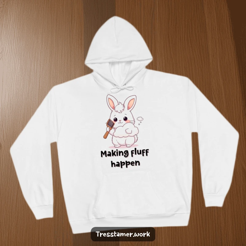 Funny fluffy bunny styling a cloud with a comb, cozy hoodie, whimsical art, comfort gift.