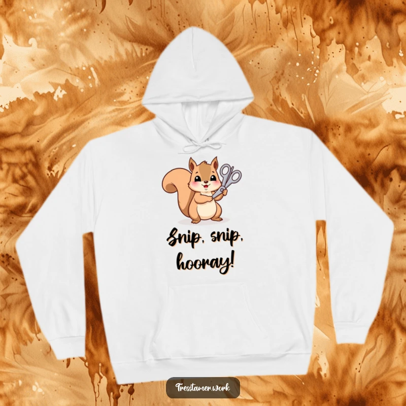 Funny cheerful squirrel trimming a rainbow with scissors, cozy hoodie, vibrant art, comfort gift.