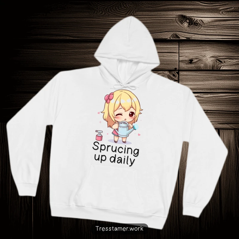 Funny hoodie showing a character using a miniature watering can to delicately spray styling liquid, embodying extreme hair precision.