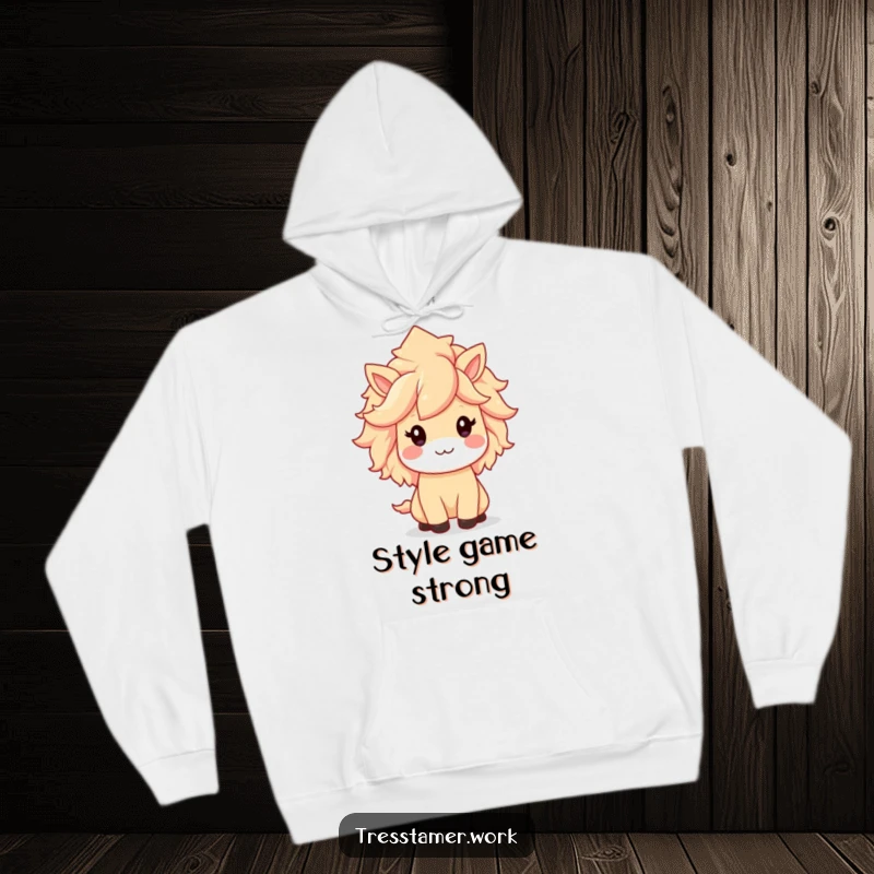 Funny hoodie with a kawaii animal character, proudly showing off an immaculately styled and luscious mane, cozy fashion.