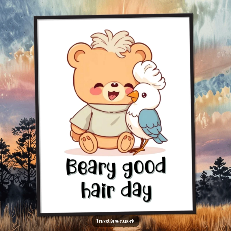 Funny Free Printable Wall Art: Giggling bear in smock gives a bird a fluffy perm. Quirky art.
