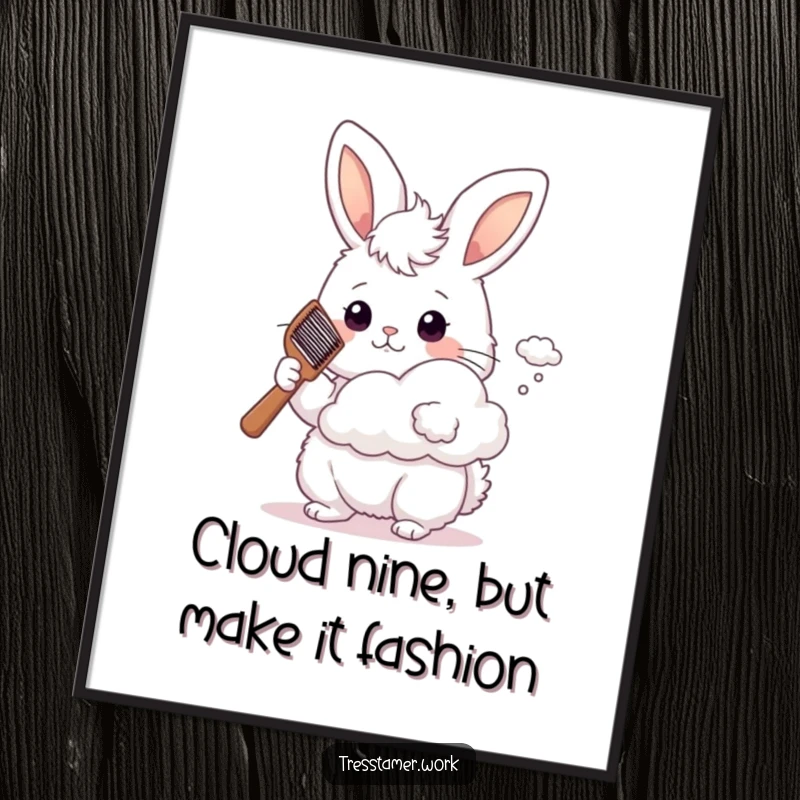 Funny Free Printable Wall Art: Bunny using a comb to style a tiny floating cloud. Whimsical decor.