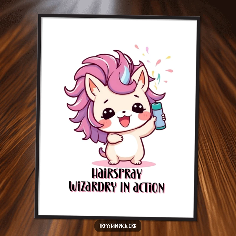 Funny Free Printable Wall Art: Cute animal character joyfully spritzing colorful hairspray upwards.