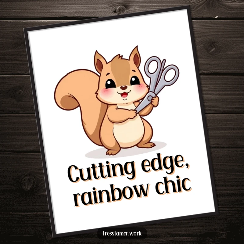 Funny Free Printable Wall Art: Cheerful squirrel using oversized scissors to trim a rainbow strand. Colorful art.