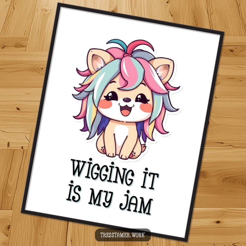 Funny Free Printable Wall Art: Happy animal playfully styling a colorful wig, radiating fun, hilarious downloadable art.