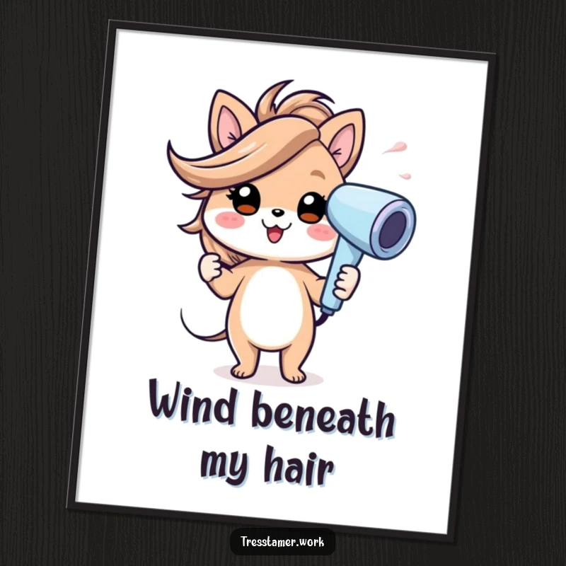 Funny Free Printable Wall Art: Cheerful animal using a hairdryer with a gust of wind effect, styled hair, hilarious art.
