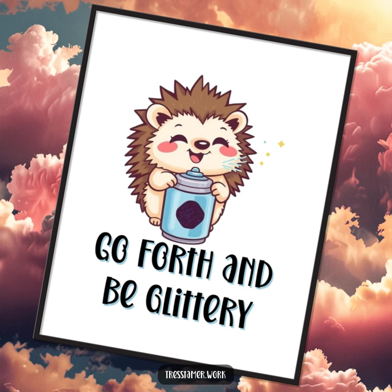 Funny Free Printable Wall Art: A grinning hedgehog joyfully sprays glitter from a tiny can, creating festive decor.