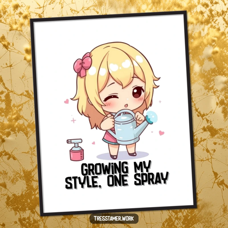 Funny free printable wall art of a character meticulously spraying styling liquid with a comically small watering can.