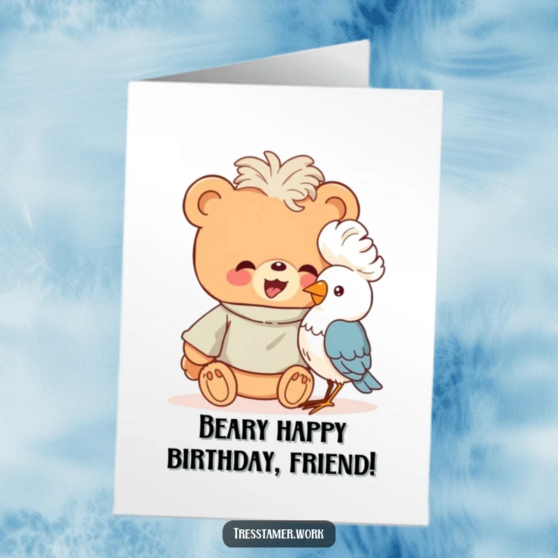 Funny Free Printable Birthday Card: Bear in smock gives bird a fluffy perm, giggling with delight.
