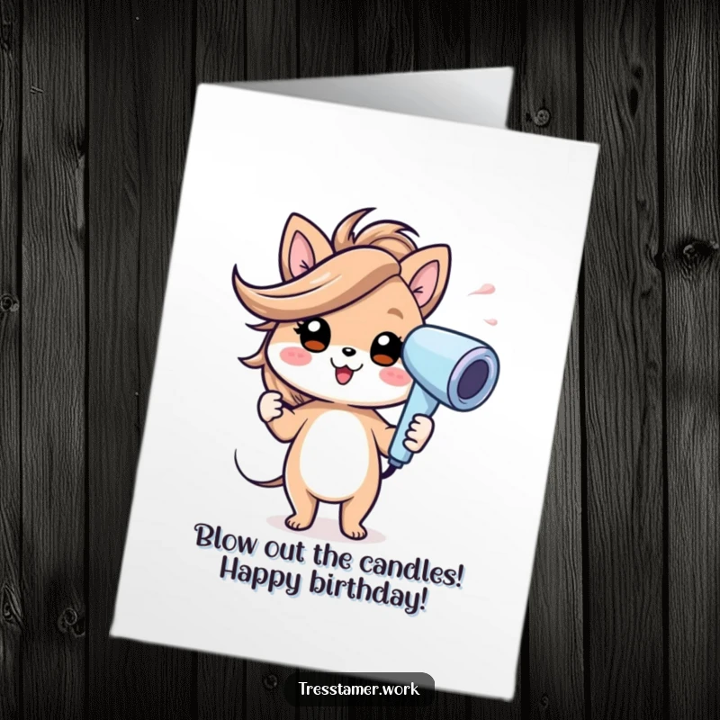 Funny Free Printable Birthday Card: Cheerful animal using a hairdryer with a gust of wind effect, windblown hair, funny greeting.