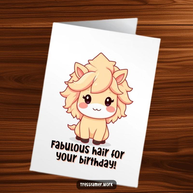 Funny free printable birthday card featuring a cute kawaii animal character proudly showing off a flawlessly styled, voluminous mane.