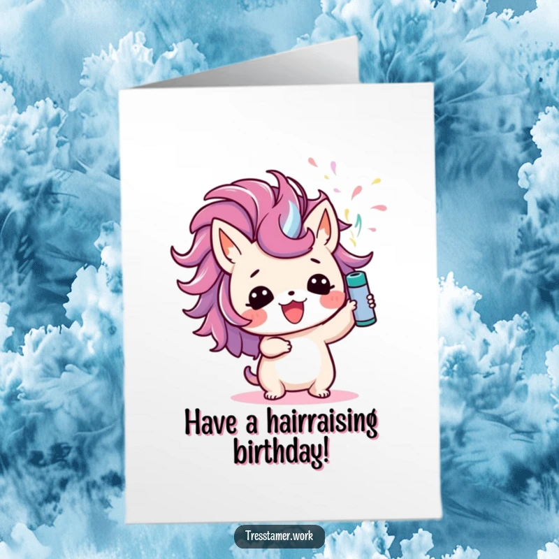 Funny Free Printable Birthday Card: Cute animal character joyfully spritzing colorful hairspray straight upwards.