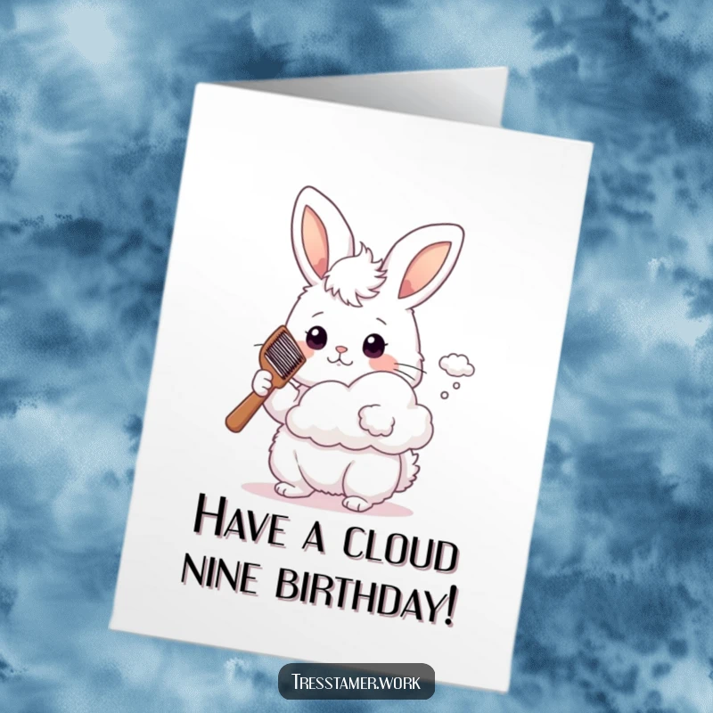 Funny Free Printable Birthday Card: Bunny with comb styling a fluffy cloud, whimsical birthday wishes.