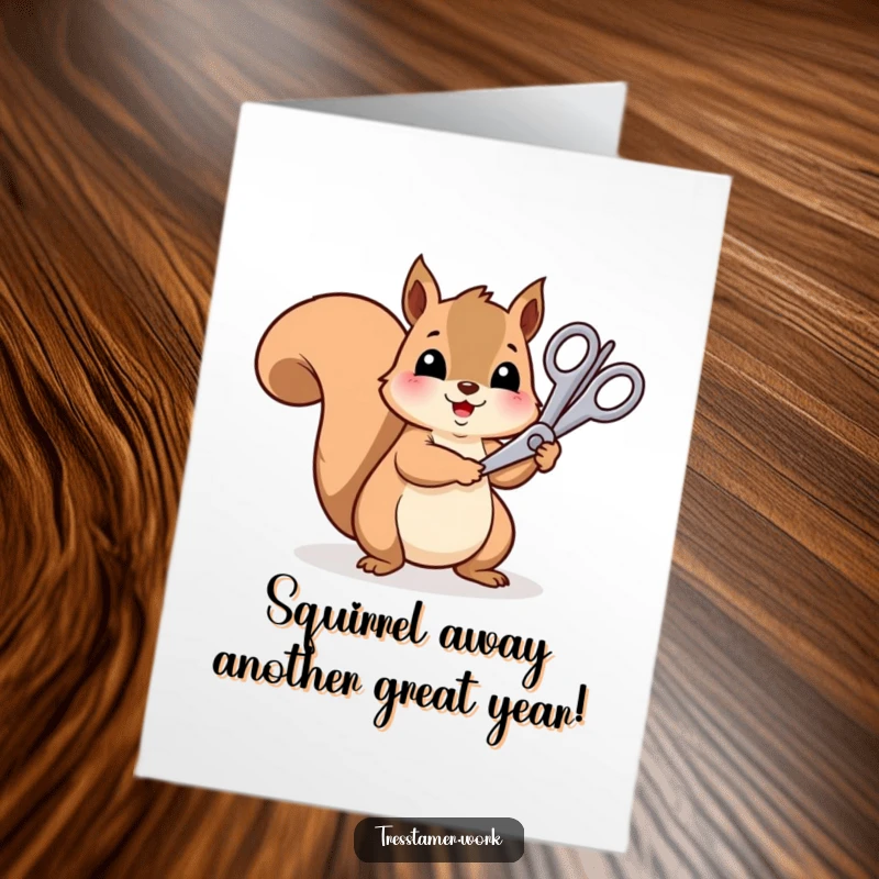 Funny Free Printable Birthday Card: Cheerful squirrel trims rainbow with big scissors, spreading birthday joy.