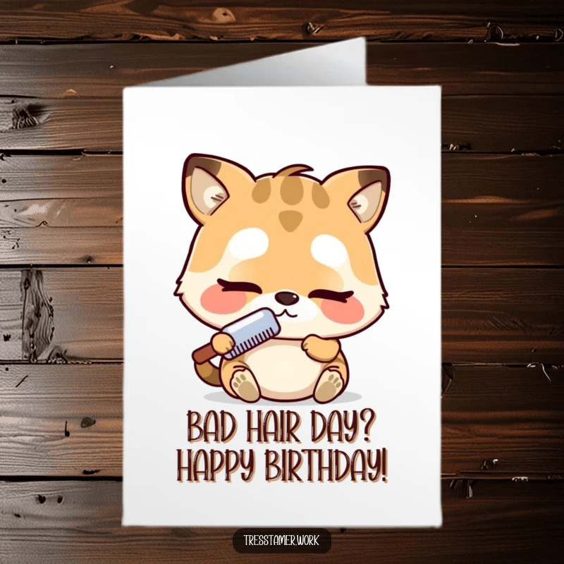 Funny Free Printable Birthday Card: Adorable animal concentrating intensely with a comb, styling fur, hilarious DIY greeting card.