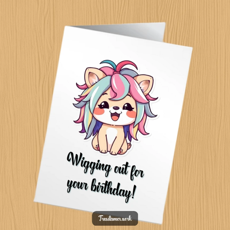 Funny Free Printable Birthday Card: Happy animal playfully styling a colorful wig, party ready, hilarious greeting card.