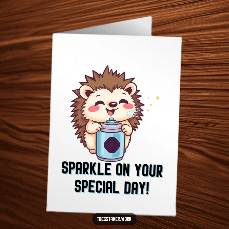 Funny Free Printable Birthday Card: Cheerful hedgehog spraying glitter with a grin, perfect for a DIY celebration.