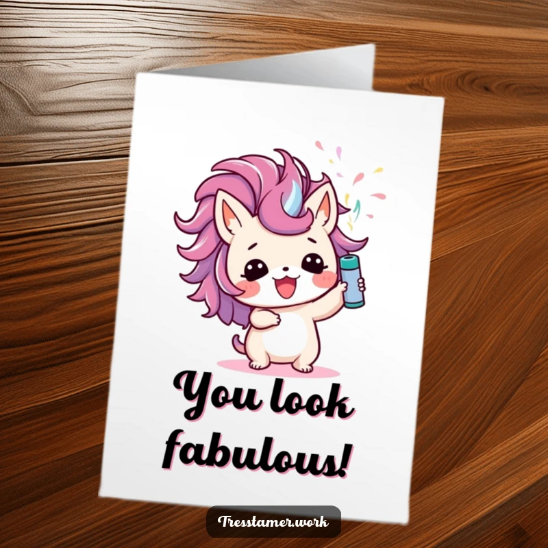 Funny Free Printable Congrats Card: Cute animal character joyfully spritzing colorful hairspray upwards.