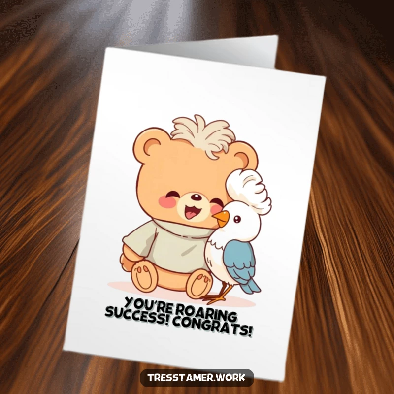 Funny Free Printable Congratulations Card: Bear styling a bird's hair into a fluffy perm, celebrating new looks.