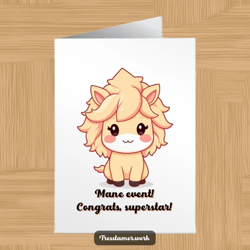 Funny free printable congratulations card showing a kawaii animal character beaming with pride over their perfectly coiffed, stylish mane.