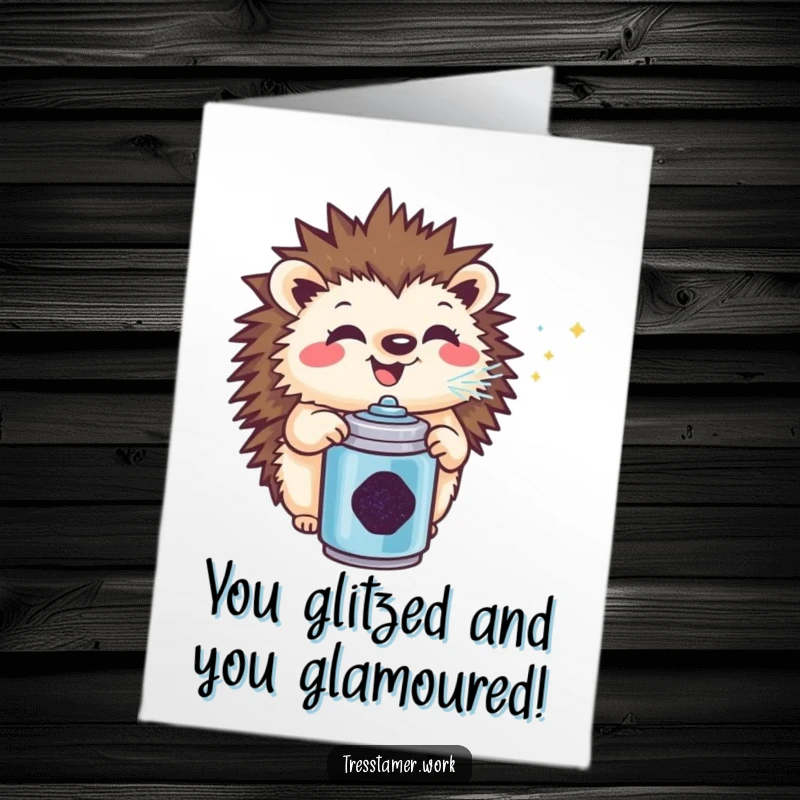 Funny Free Printable Congratulations Card: Smiling hedgehog enthusiastically spraying glitter, celebrating success with joy.