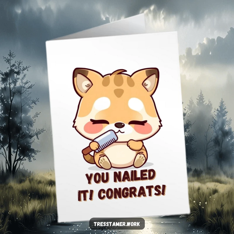 Funny Free Printable Congrats Card: Adorable animal concentrating intensely with a comb, celebrating success, downloadable greeting.