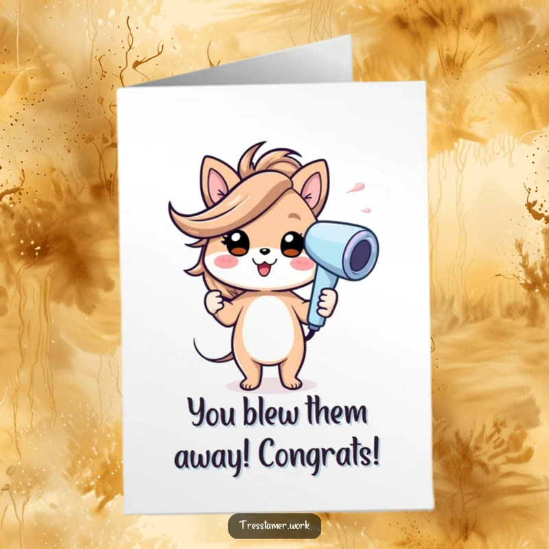 Funny Free Printable Congrats Card: Cheerful animal using a hairdryer with a gust of wind effect, celebrating, downloadable card.