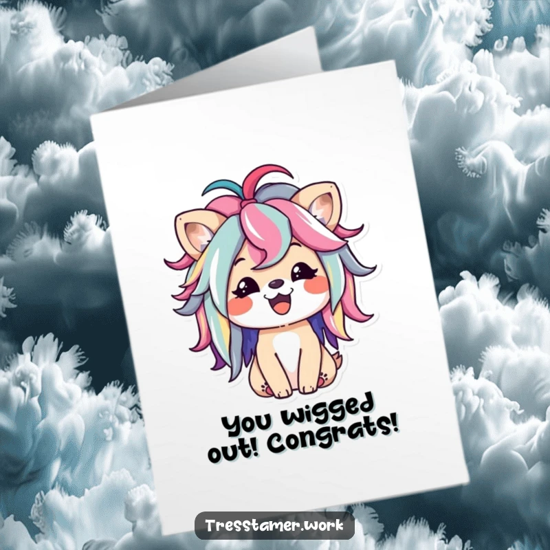 Funny Free Printable Congrats Card: Happy animal playfully styling a colorful wig, celebrating joyfully, downloadable card.
